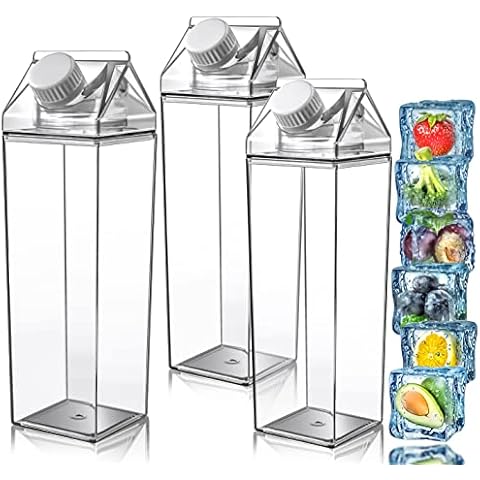 Vmiapxo 3 Pack 17oz Clear Milk Carton Water Bottle, Portable Plastic Milk Carton Milk Jug Square Minimalistic Water Bottle (Clear) Cover