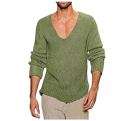 Mens Deep V Neck Sweater Slim Fit Lightweight Knitted Pullover Stylish Sweater Muscle Long Sleeve Low Cut Vneck Tee