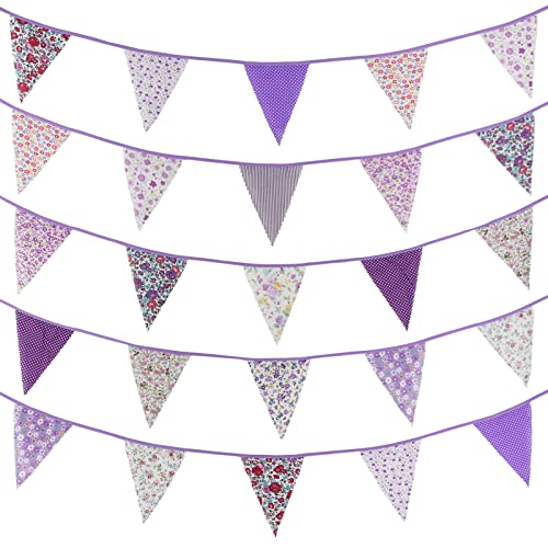 Image of Zwiebeco 39Ft Purple Floral Fabric Bunting Banner Triangle Flag Party Decorations Hanging Cotton Rustic Vintage Flowers Garland Pennant for Wedding Birthday Tea Nursery Home Outdoor Garden Supplies