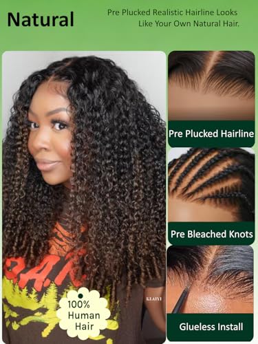 Image of KLAIYI Bye Bye Slip Ombre Brown Burmese Curly Glueless Precut 7x5 Lace Front Human Hair Wig with Finger Coil Ends Drawstring Chestnut Brown Pre Plucked Bleached Knots Ready to Wear and Go Wig 24Inch
