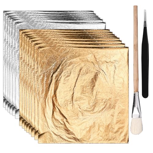 La mejor selección de Pan de oro Top 5. 43 100 Hojas de Pan de Oro para Manualidades y Arte, 14x14cm Hojas Papel de Aluminio de Imitación de Oro con Pinzas y Pincel para Proyectos Bricolaje Pintura Muebles Decoración (Oro...