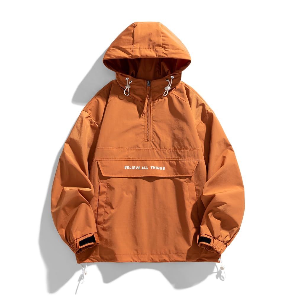 Men's Spring and Autumn pullover jacket with casual patchwork hooded drawstring jacket