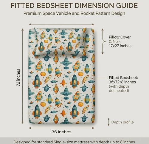 Image of VAS COLLECTIONS Single Bed Fitted Bedsheet 36x72+8 Inches with 1 Pillow Cover | 180 TC Microfiber Elastic Bed Sheet | Soft Breathable Cute Printed Design for Kids & Couples (Kid Rocket Print)