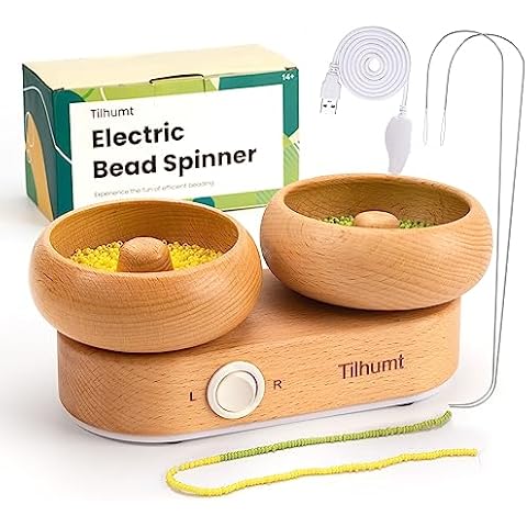Tilhumt Electric Bead Spinner with 2 Bowls, Wooden Bead Spinner for Jewelry Making, Stepless Speed & Forward/Reverse Direction, Suitable for Seed Beads Clay Beads Pony Beads, Patent Design Cover