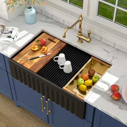 Image of Lordear 33 Black Farmhouse Sink Workstation Porcelain Farm Kitchen Sinks Matte Black Single Bowl Basin 33x20x10 Inch Large Bowl Sink
