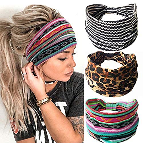BGHK 3er-Pack Haarband, Haarband Damen, Haarband Boho, schwarz-weiß gestreift, Vintage-Buntdruck, Leoparden-Muster-Stirnband Damen, elastisches rutschfestes Stirnband Cover