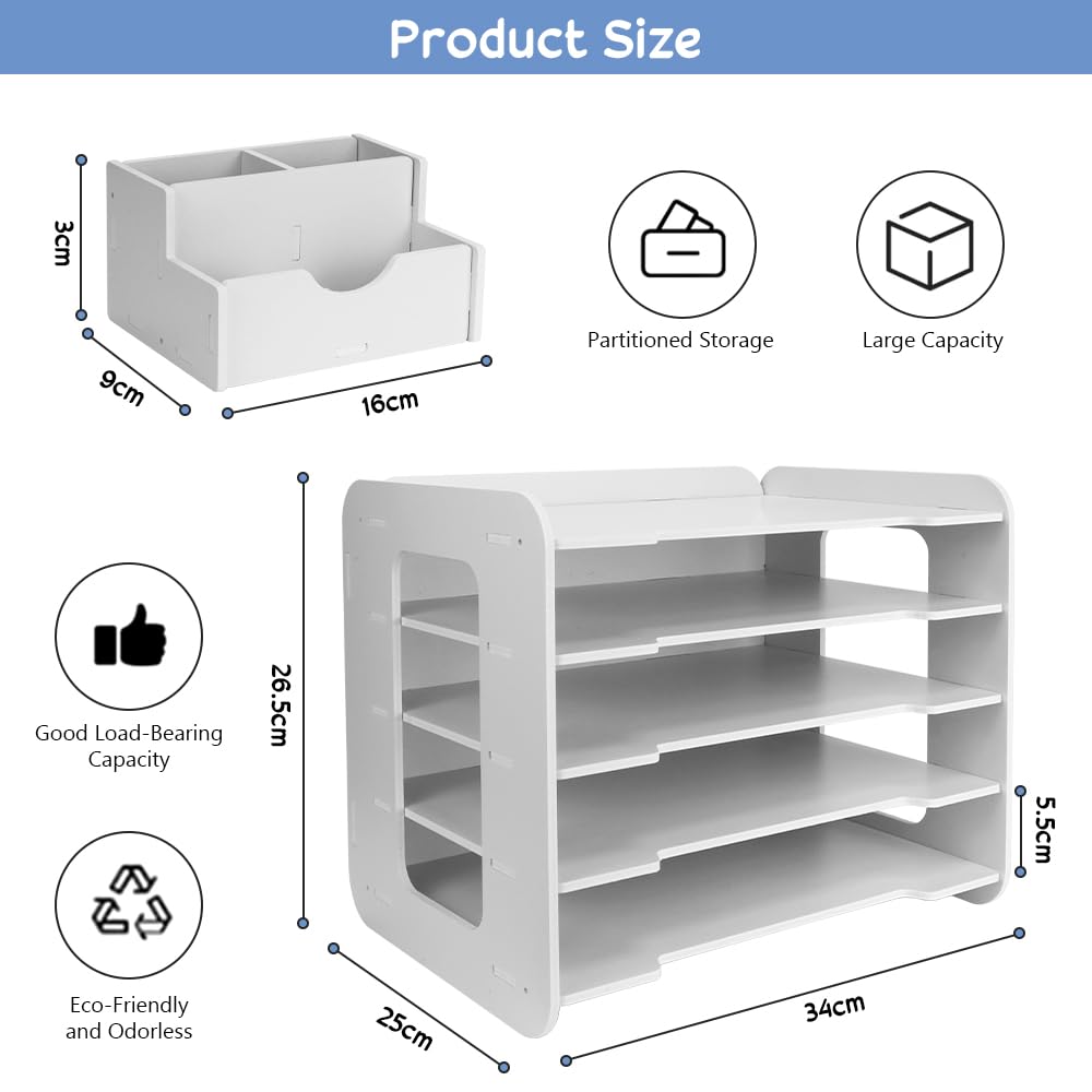 Schreibtisch Organizer Ablagefächer 5-Tier Briefablage Stapelbar Papierablage A4 Dokumentenablage Schreibtischablage Weiß Büro Aktenablage mit Stifthalter Unterlagen Organizer für Büro