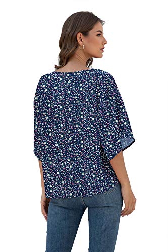 Viishow Women Bell Sleeve Shirt Tie Knot Casual Chiffon Blouses Tops, Floral Navy Blue, Medium #TOP5