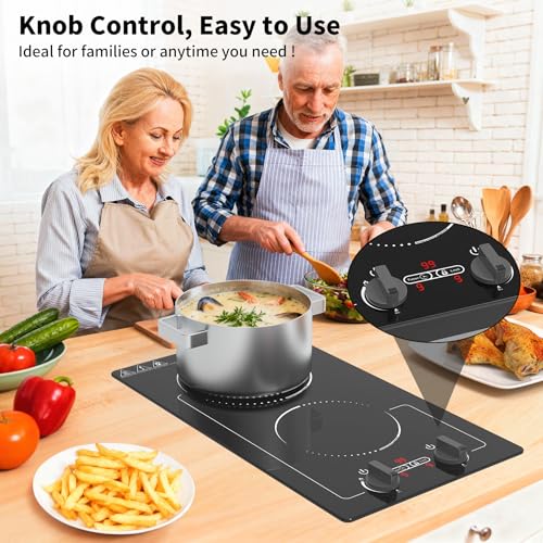 Image of GIHETKUT Double Induction Cooktop, 110V 2300W hot plate with LED Touch Screen, 9 Power Levels, Kids Lock & Timer, Overheat Protection, knob and touch control 2 burner Induction cooktop