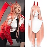 LABEAUTÉ Orange Cosplay -Power Wig + Horns for Women Girls Long Straight Ginger Anime Hair Wigs with Bangs + Cap