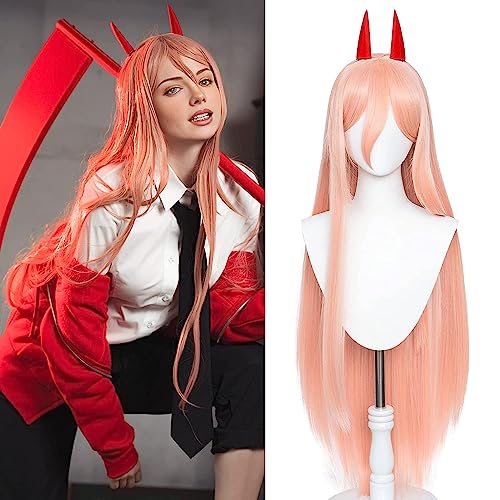 Image of LABEAUTE Orange Cosplay -Power Wig + Horns for Women Girls Long Straight Ginger Anime Hair Wigs with Bangs + Cap