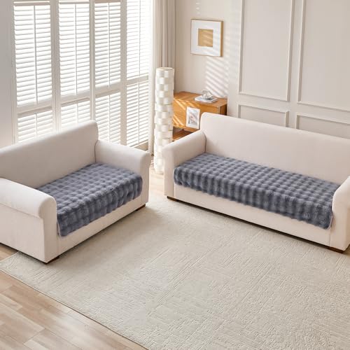 Image of HOKIPO 'FurHug' Luxury Faux Rabbit Fur 5 Seater Sofa Mat in 3 Seater and 2 Seater Configuration, Cool Grey (AR-5013-5)
