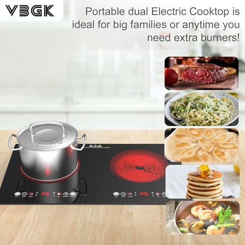 VBGK Electric cooktop,110V 24 inch 2 Burner Electric Cooktop,Built-in and Countertop Stove Top,2200W Stove,9 Power Levels, Kids Lock & Timer,LED touch control,Overheat Protection