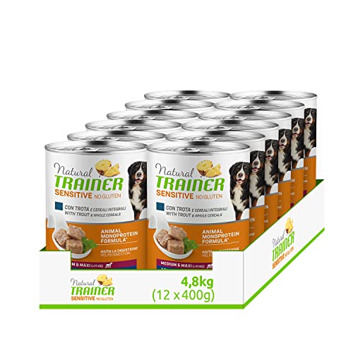 Natural Trainer Sensitive No Gluten Medium - Maxi - Cibo Umido per Cani con Trota e Cerali Integrali 12 x 400 g
