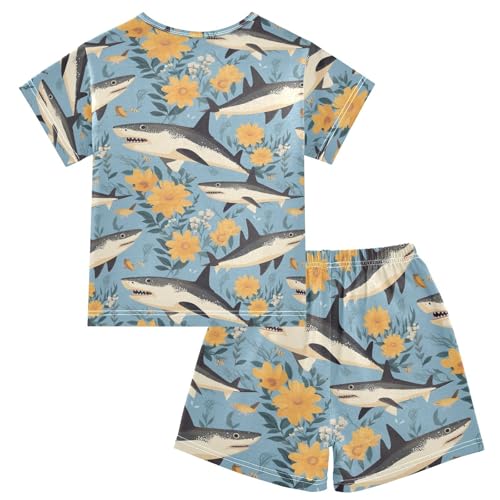 ALAZA Sharks and Sunflowers Pajama Set Short Sleeve Sleepwear Soft Lounge Nightwear2