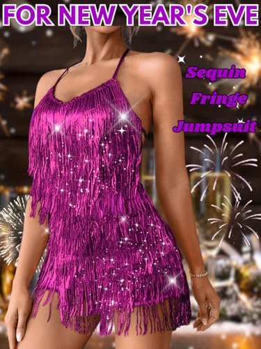 Image of Kaei&Shi Sequin Fringe Romper,Sparkly Glitter Metallic Jumpsuits For Women,Backless Shorts Dress Disco Birthday Dance Outfit