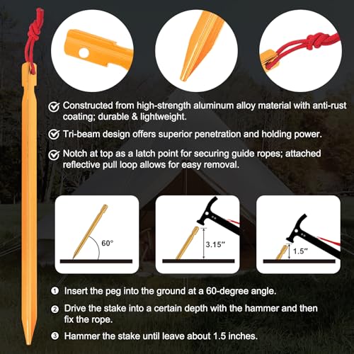Image of Eurmax USA Hiking Camping Tent Stakes and Hammer Set Lightweight Multi-Function Tent Hammer with Tent Stake Remover,Tent Pegs for Camping, Hiking, Backpacking, Gardening(Gold Stakes)