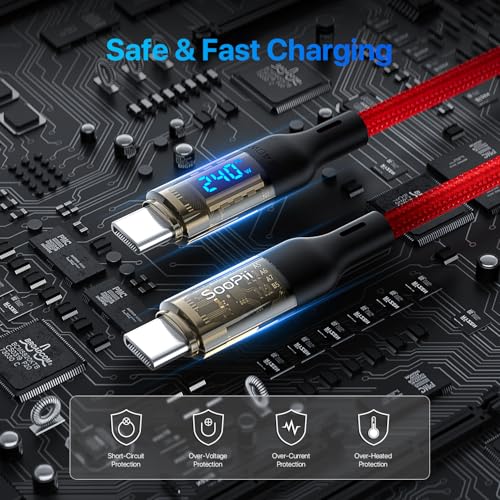 Image of SOOPII USB C to USB C Cable [240W 10ft],Fast Charging USB C Cable with LED Display for MacBook Pro,lPhone16 /15 /15Pro /15ProMax,Galaxy S23+ /S23 Ultra /S22 Ultra,etc.,Transparent Shell,(Red)