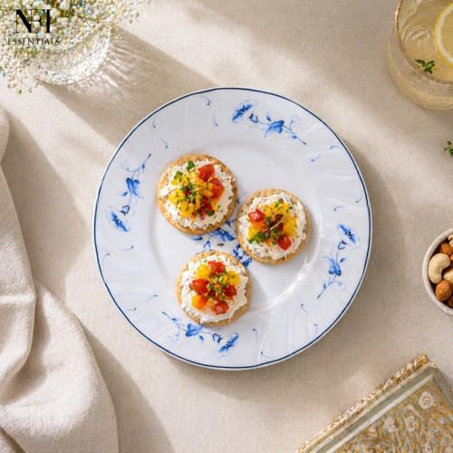 Image of NFI essentials 8 inch Ceramic Quarter Plate with Elegant Blue Floral Design, Premium Serving Plate for Snacks, Desserts, Breakfast & Appetizers, Dishwasher Safe