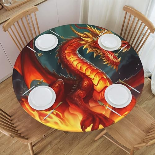 Nappe de table ronde élastique imperméable dragon feu 101,6-127 cm