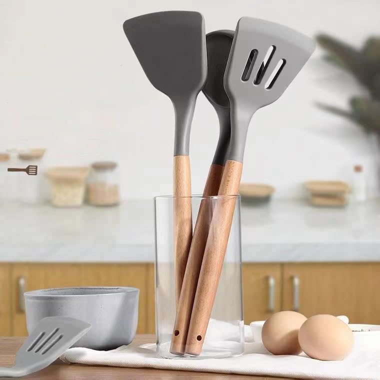 Image of Silicone Spatula Set of 3 - Wooden Handle Kitchen Tools (Red, White,Black,Blue, Green) - Heat Resistant, Non-Stick, Cooking & Mixing Spatulas for Non-Stick Pans (Gray)