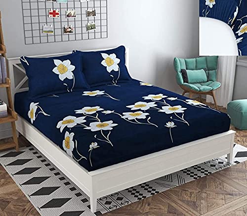 Image of Cotton Feel Glace Cotton Elastic Fitted Printed King Size Double Bed Bedsheet with 2 Pillow Cover(72 inchx78 inch,Sun Flower)