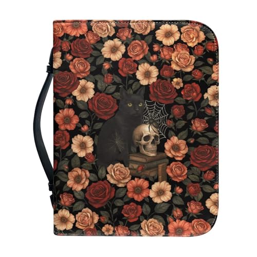 Talayituse Cat Skull Spider Web Rose Flower Print Faux Leather Bible Cover for Men Women Christian Bible Case with Handle Carrying Book Case Protector Bible Tote Handbag Gifts, L