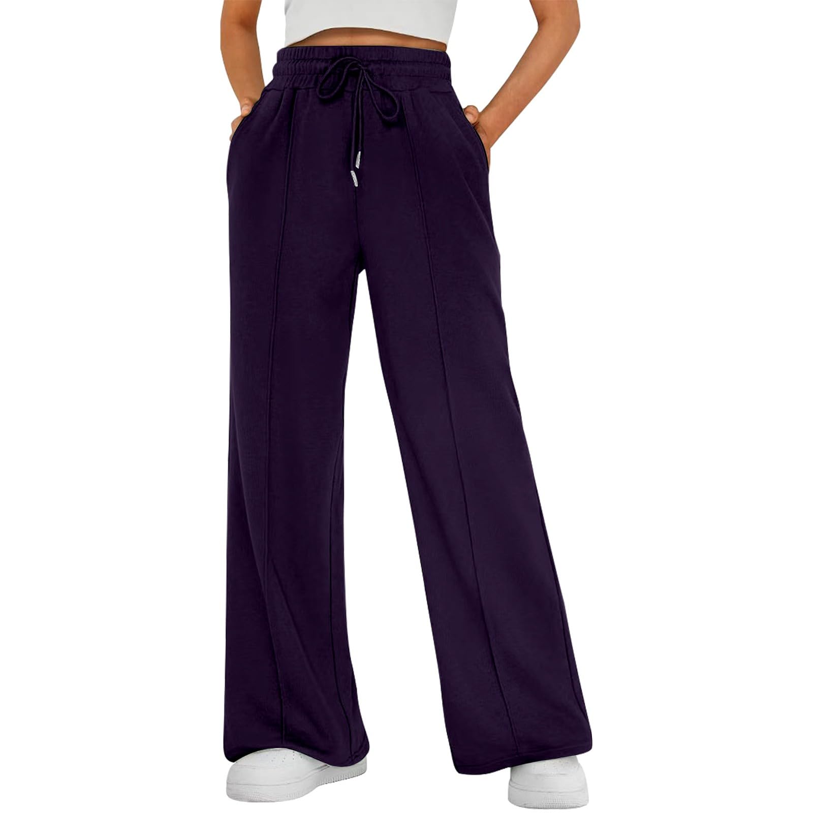 Pantalones de chándal para mujer, pierna ancha, pantalones de verano con cintura elástica, pantalones deportivos de tela elástica Culotte, holgados, pantalones lisos con bolsillos, adecuados