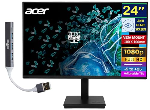 Image of acer 24 inch FHD IPS Monitor with 4ms Response Time, Anti Glare, VESA Mount (100 x 100mm), HDMI, VGA & Dockztorm USB Port Expander, Black Color