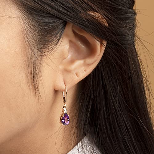 Peora 14K Yellow Gold Genuine Amethyst and Diamond Teardrop Leverback Earrings for Women, 2.10 Carats total Pear Shape 9x6mm, Real Gemstone Earrings, February Birthstone Earrings2