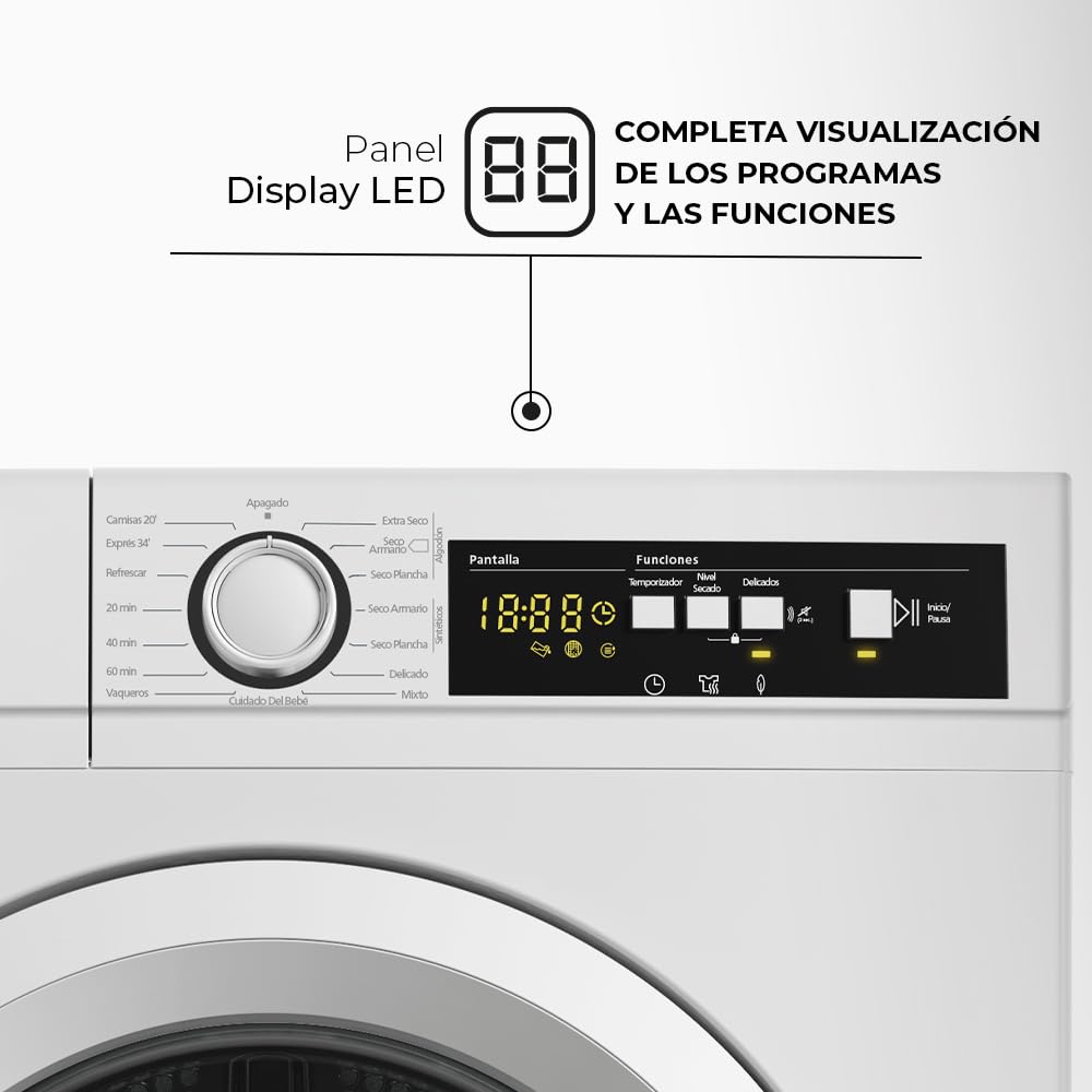 Svan Secadora de Bomba calor 8Kg Carga Frontal Blanco SSB800A2DB. 1000W, 15 Programas, Función Antiarrugas, Display LED manual, Eficiencia Energética Clase A++ [Clase de eficiencia energética A++]