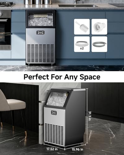 Image of Feelfunn Commercial Ice Maker Machine - 100LBS /24H, 33lbs Storage Capacity, Stainless Steel Freestanding & Under Counter Ice Maker with Self-Cleaning, 24H Timer, Ideal for Home Bar Office Restaurant