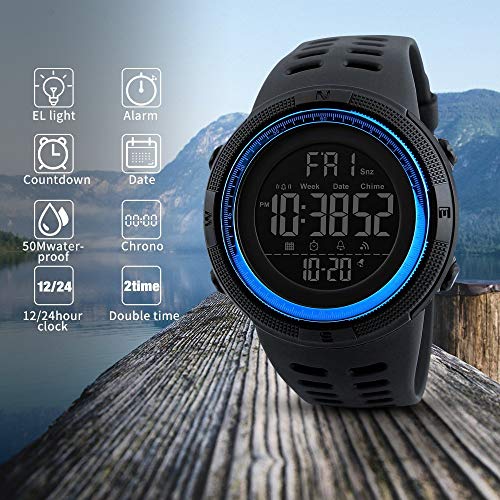 Image of FANMIS Mens Digital LED Sports Watch Military Multifunction 12H /24H Time Dual Time Alarm Countdown Back Light with Simple Design 164FT 50M Water Resistant Calendar Month Date Day Watch