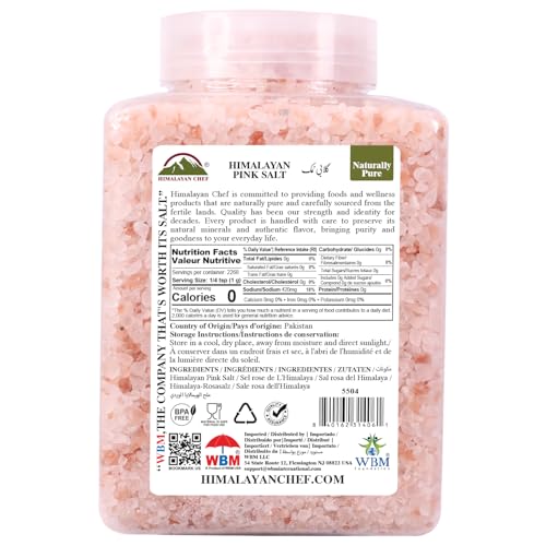 Image of Himalayan Chef Pink Himalayan Salt Coarse Grain, Plastic Jar - Pure, Natural, Kosher, Mineral-Rich, Ideal for Grinder Refills, Cooking, Seasoning, 80 Ounce (Pack of 6)