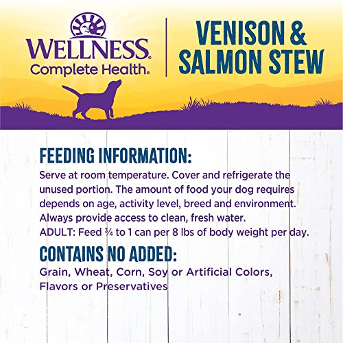 Image of Wellness Complete Health Stew Adult Canned Wet Dog Food, Grain Free, Natural, Venison and Salmon Recipe, 12.5 oz, Pack of 12 Cans