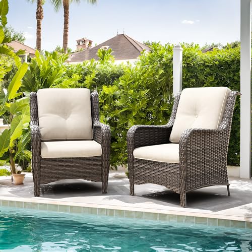 Joyside Outdoor Wicker Chair Rattan Patio Dining Chairs Set of 2 PE Wicker Patio Chairs with 4inch Seat Cushions Outdoor Patio Seating Chair for Garden(Mixed Grey/Beige)
