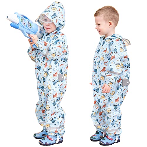 Fewlby Kids Toddler Rain Suit For Boys Girls One Piece Hoodie Zipper Cartoon Waterproof Coverall Rain Jacket 2-5 Years M Size #TOP2