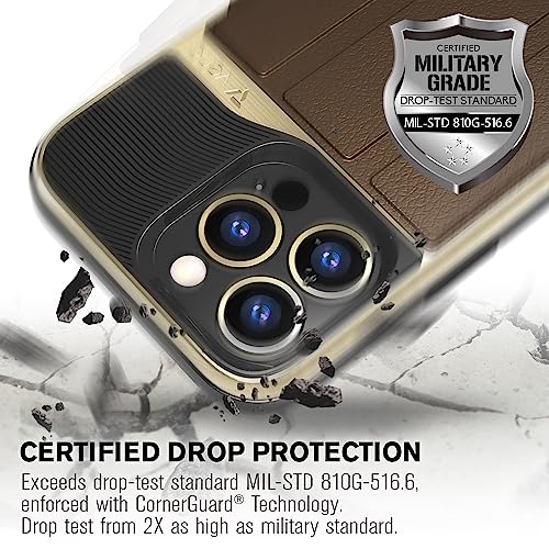Vena Vcommute Wallet Case Compatible With Apple Iphone 14 Pro Max (6.7"-Inch), (Military Grade Drop Protection) Flip Leather Cover Card Slot Holder With Kickstand - Gold/Brown #TOP4