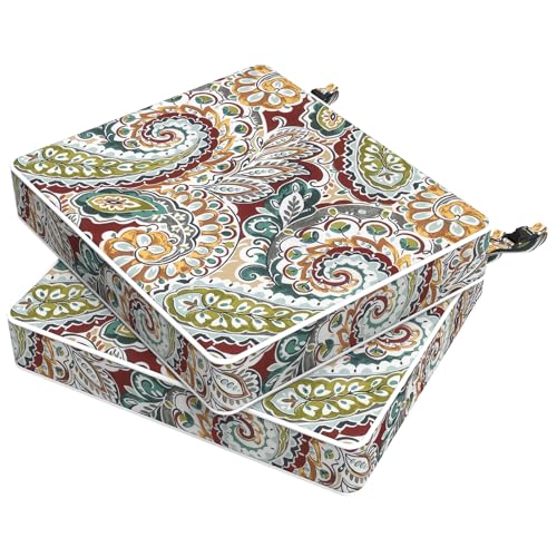 Melody Elephant Outdoor Chair Cushions 18.5x16x3 Inch, Patio Seat Cushion Furniture with Adjustable Straps Set of 2, Water Repellent Chair Pads with Couch Sofa in Garden, Paisley Chilli