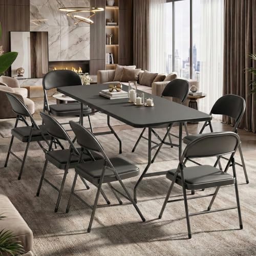 CFATLFRM 6FT Black Plastic Folding Table Set with 6 Black PU Padded Chairs - Image 2
