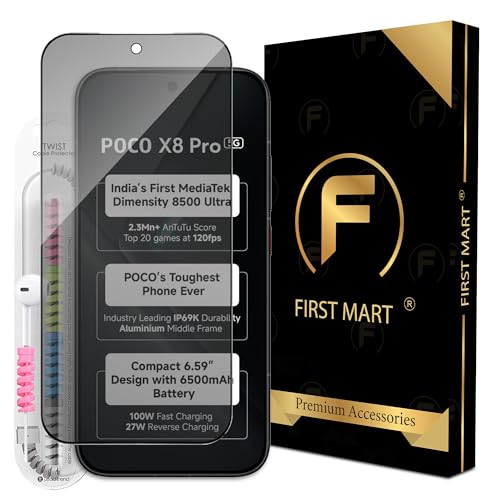 Image of FIRST MART Privacy Tempered Glass for Poco X8 Pro with Cable Guard & Installation Kit | Anti-Spy 9H Screen Protector, Edge-to-Edge, Case-Friendly | Black