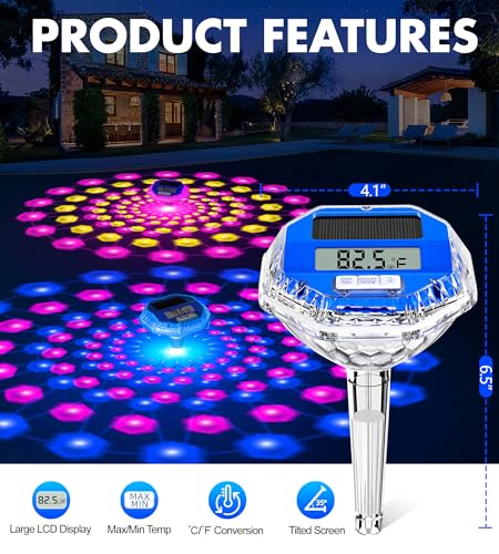 Sinbyuer 2026 Upgrade Digital Solar Pool Thermometer Easy Read | Pool Temperature Thermometer Floating with Dynamic Light Show | Large LCD Screen & Big Number Pools Temperature Gauge for Hot Tub & Spa