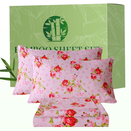 Image of Bedlifes Extra Deep Pocket 18-24 inch Queen 4-Piece Sheet Set - Cooling Sheets Blend Rayon Derived from Bamboo Soft & Breathable,Featuring Pink Floral Red Rose