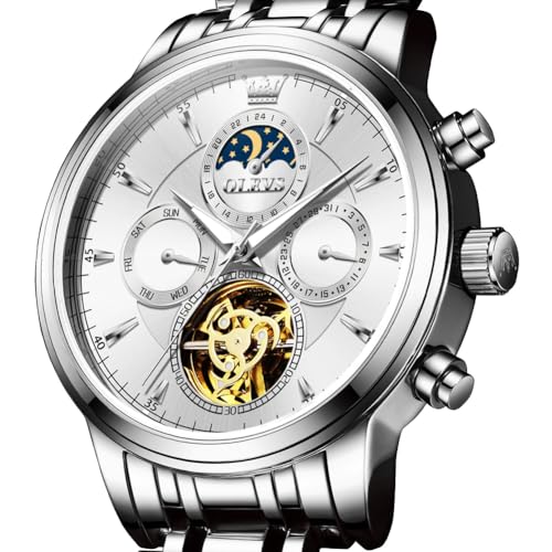 Image of OLEVS Men Automatic Skeleton Watch - Luxury Stainless Steel Calendar Moon Phase Mechanical Dress Wrist Watch with Luminous, Waterproof Self-Wind (Gold /Silver /Blue /Black)
