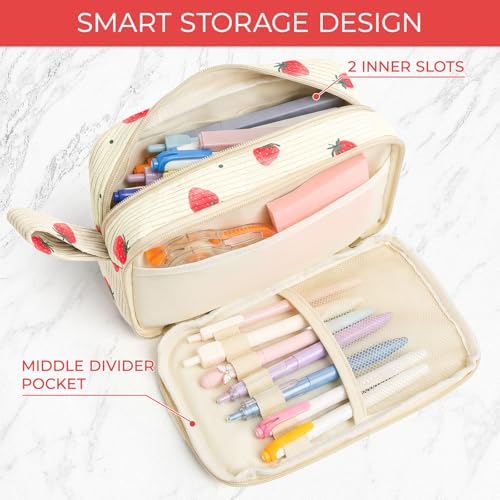 Image of WOBAGMEN Cute Pencil Case,Large Corduroy Zippered Pencil Case Pouch, aesthetic Pencil Bag with Compartments, Pencil Pouch School Supplies (Tiny Strawberry)