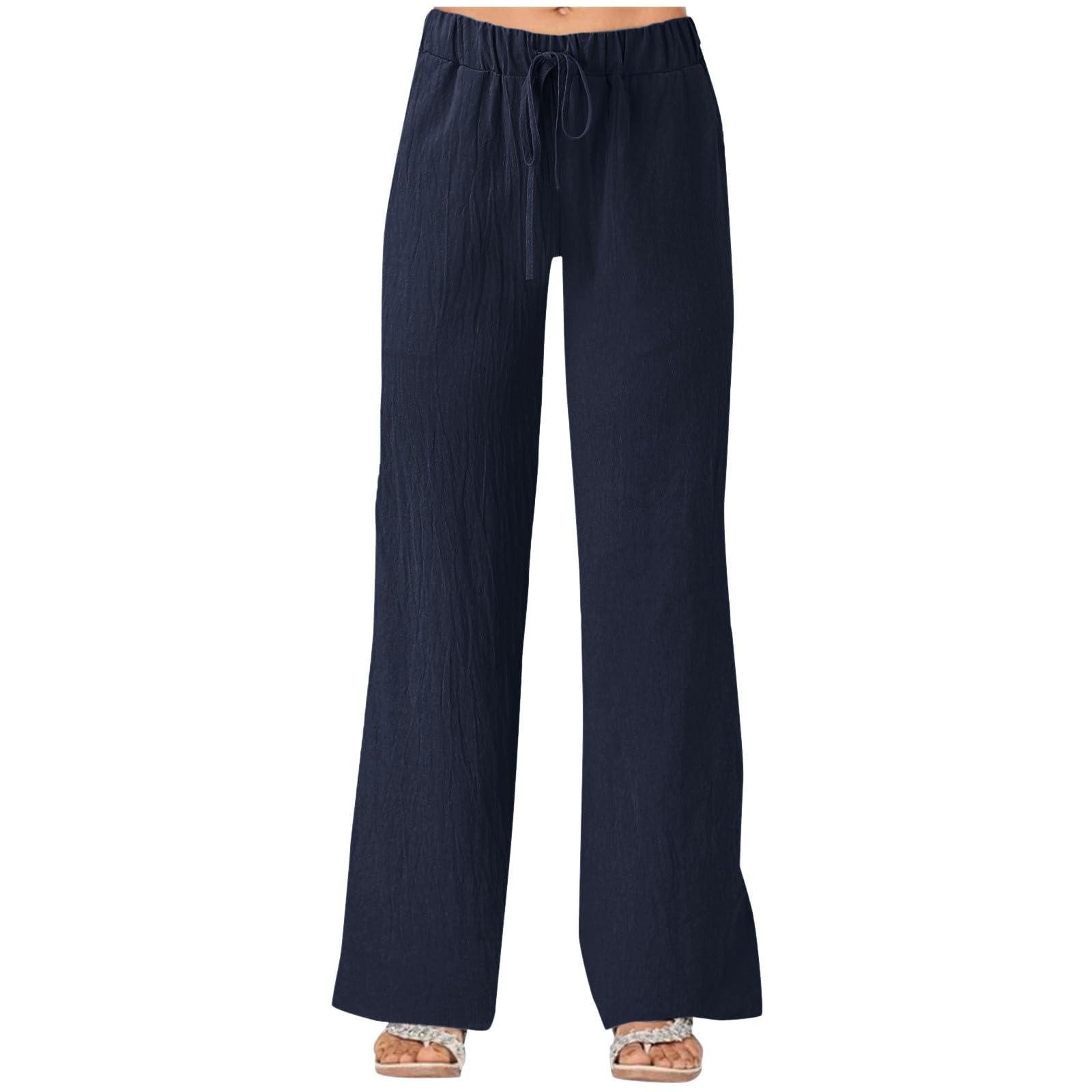 Women's Summer Cotton Linen Trousers Wide Leg High Waisted Loost Fit Casual Pants Drawstring Flowy Lightweight Comfy Bottoms for Beach Holiday (Blue, L)