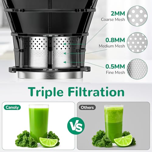Canoly Entsafter, 140 mm große Einfüllöffnung, für ganze Obst- und Gemüsestücke geeignet, 2 Liter Fassungsvermögen, hohe Ausbeute, leicht zu reinigen
