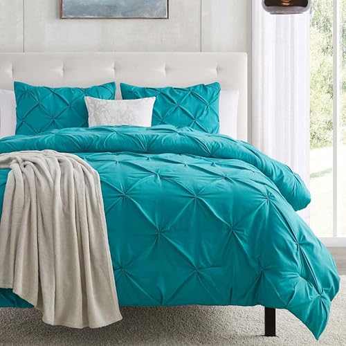 Image of Nestl Twin Duvet Cover Set Teal - Soft Double Brushed Duvet Set with Button Closure & Corner Ties, 2 Piece Luxurious Pinch Pleated Duvet Cover Set 68x90 Inches with 1 Pillow Sham