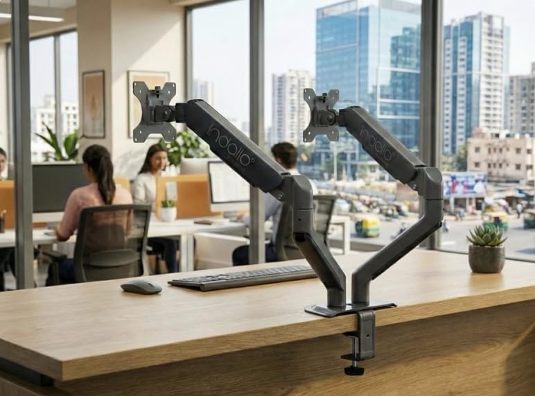 Image of Gas Spring Dual Monitor Arm Desk Mount, Fully Adjustable Heavy Duty Stand, VESA 75x75 100x100, C-Clamp and Grommet Base, Made in India, 2-Year Warranty (Dual Monitor ARM)