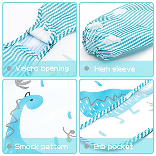 2Ooya 5Pcs Long Sleeved Baby Bibs Dinosaur Pattern Feeding Bibs Infant Toddler Kids Waterproof Long Sleeved Bibs With Pockets Cloth Stain & Odor Resistant Toddler Bibs For Babies Toddlers, 9-48Months #TOP2